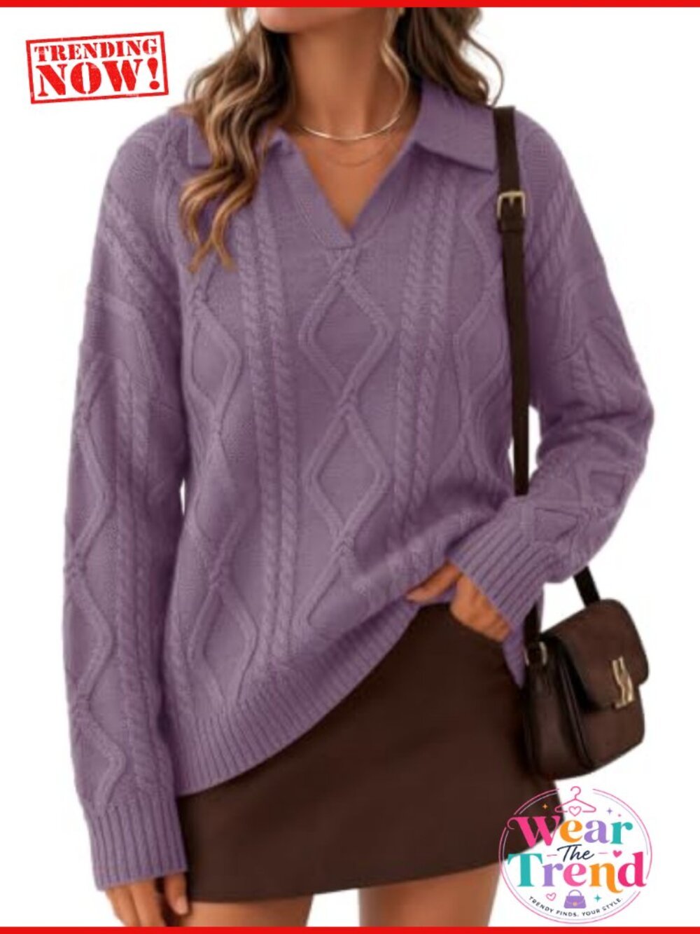 Oversized Cable Knit Sweater V Neck Collared Polo Pullover Womens